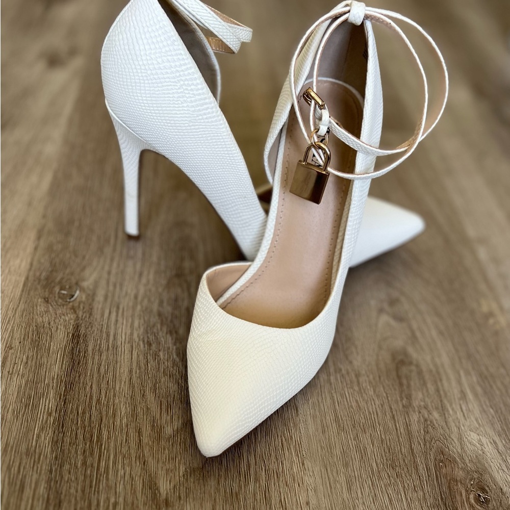 JustFab White Stiletto Heels with Ankle Strap